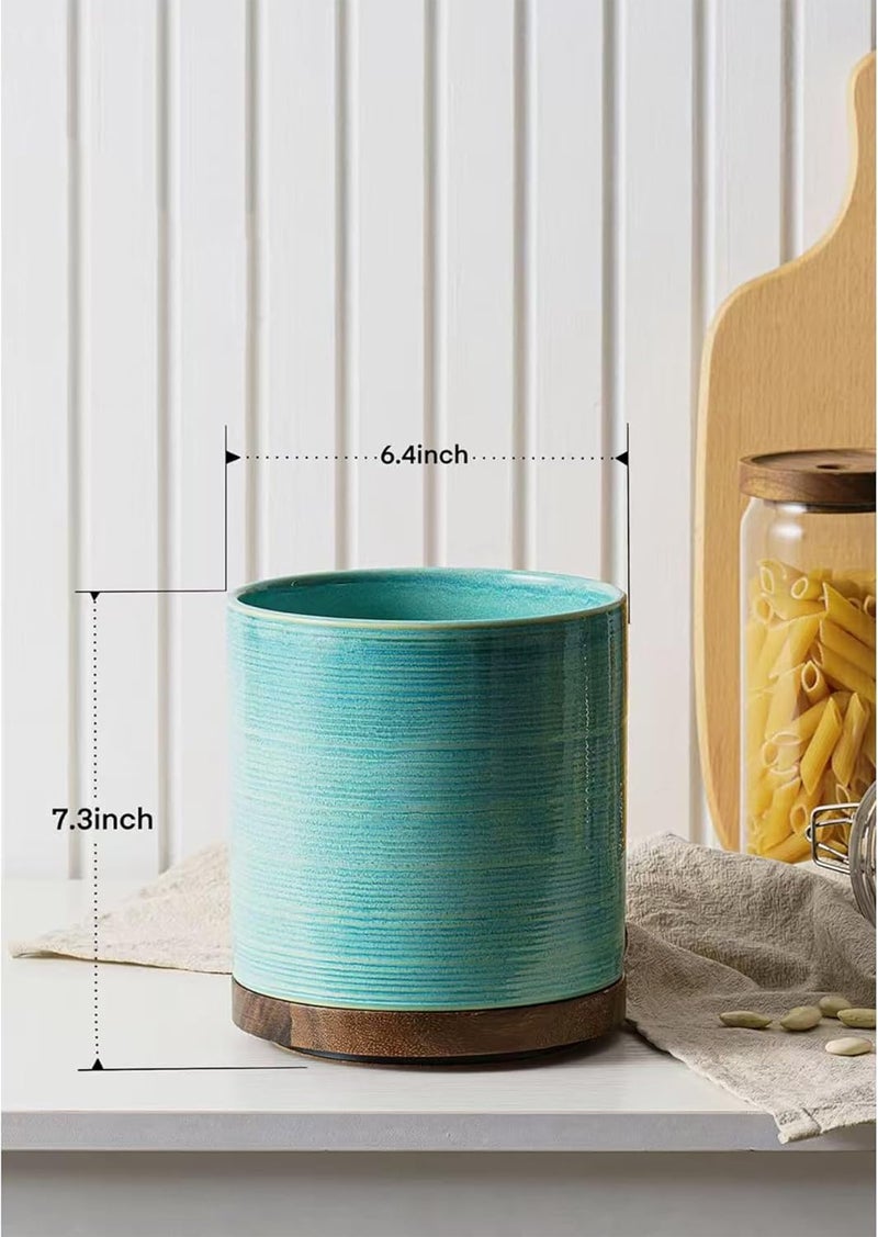 MIKIGEY Utensil Holder, 360° Rotating Extra Large Ceramic Kitchen Utensil Holder for Countertop, Cooking Utensil Crocks for Counter with Rotatable Wooden Base, Farmhouse Kitchen Decor, Green - Image 4